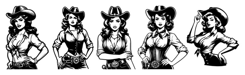 retro cowgirl women posing wild west vintage black and white vector illustrations