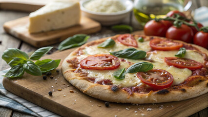 Minimalist composition of Margherita pizza on a white marble background, elegant presentation.