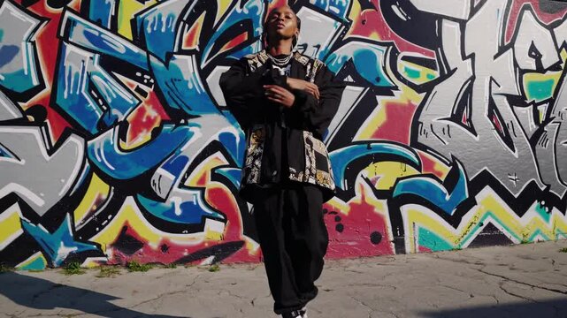 Confident young rapper, rapper showcasing unique street style in front of vibrant graffiti art, embodying urban youth culture and musical expression. Concept rapper urban vibe.