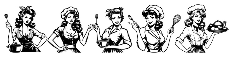 retro cooking women with kitchen utensils vintage black and white vector illustrations