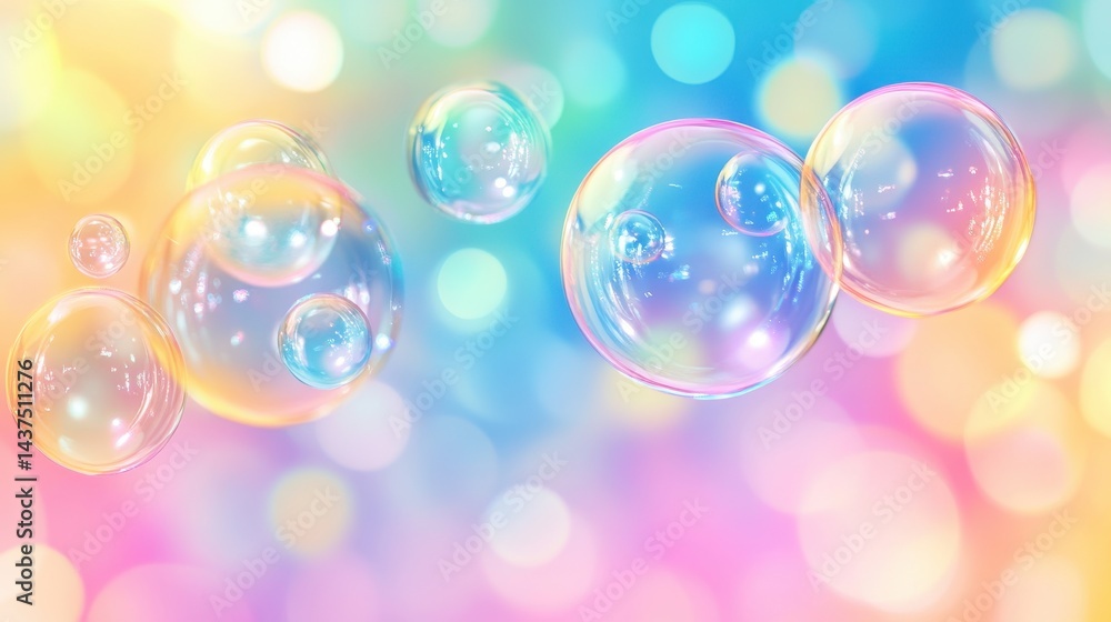 Poster transparent soap bubbles float on a colorful bokeh background. use this picture for a magical, dream