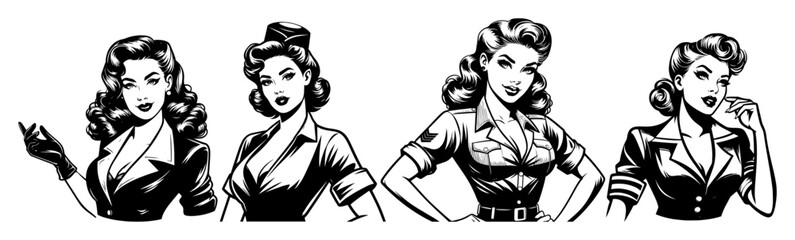 retro pinup women portraits vintage black and white vector illustrations