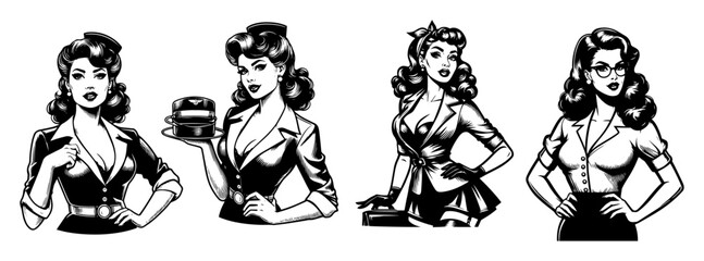 retro pinup women with food and fashion vintage black and white vector illustrations