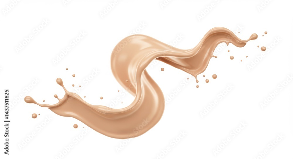 Poster beige liquid swirl with droplets on a white background in a dynamic and fluid motion style