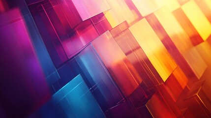 Abstract digital background with overlapping translucent geometric shapes in vibrant neon tones, cyberpunk aesthetic and futuristic glowing effects.