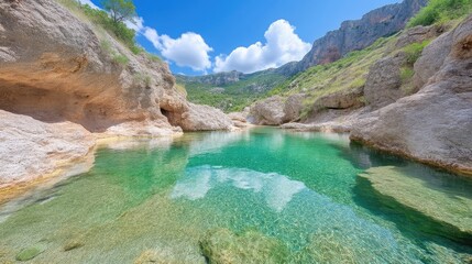 Crystal-clear pool nestled in a rocky canyon, surrounded by lush greenery and mountains under a vibrant blue sky