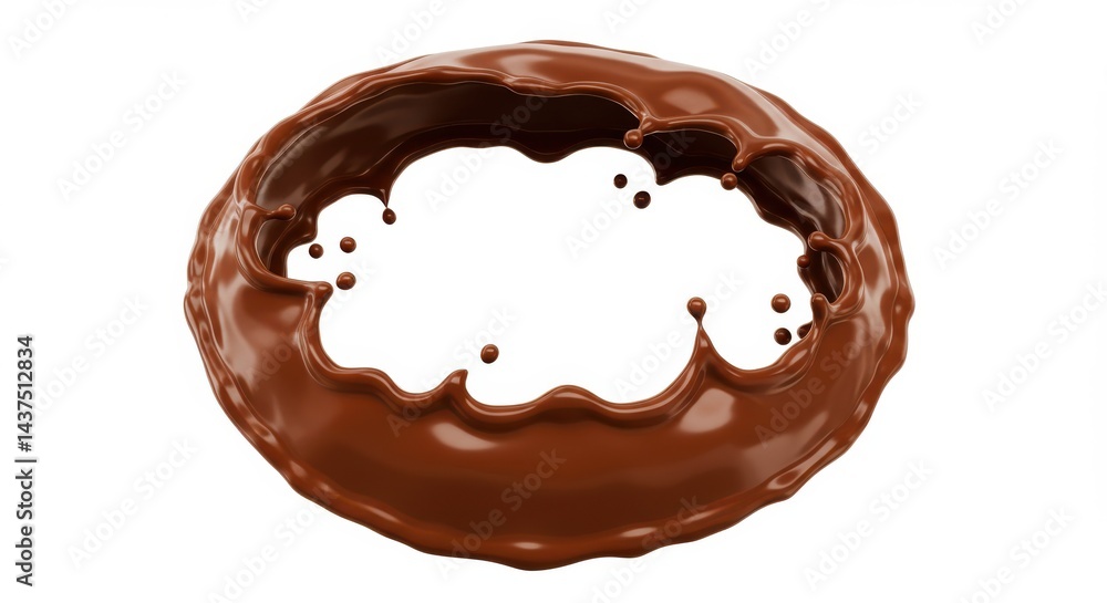 Poster a chocolate splash forming a ring shape with droplets on a plain white studio background view