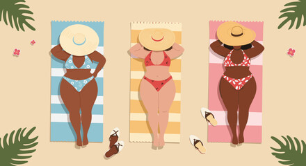 Three curvy women relaxing on colorful towels under palm leaves &mdash; body positive summer vacation scene