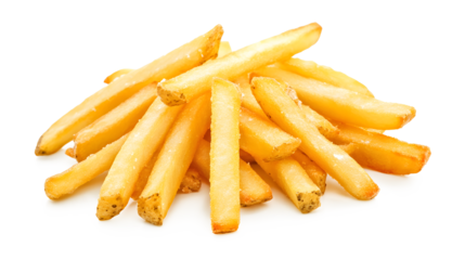 A pile of french fries on a white background. The fries are golden brown and appear to be freshly cooked