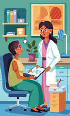 Ginecóloga hablando con una paciente en la clínica, brindando consulta médica profesional, discutiendo opciones de tratamiento y ofreciendo consejos de salud en un consultorio privado.