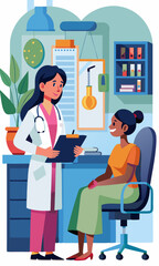 Ginecóloga hablando con una paciente en la clínica, brindando consulta médica profesional, discutiendo opciones de tratamiento y ofreciendo consejos de salud en un consultorio privado.