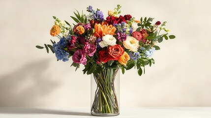 A lush bouquet features colorful roses, tulips and hydrangeas in a glass vase. Perfect for birthday cards, announcements, or expressing love to someone special.