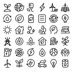 Eco energy icon set.Eco-friendly, energy, sustainability, renewable energy, solar energy, wind power, hydro power, electricity, battery, environmental protection, green energy, earth, nature, ecology,