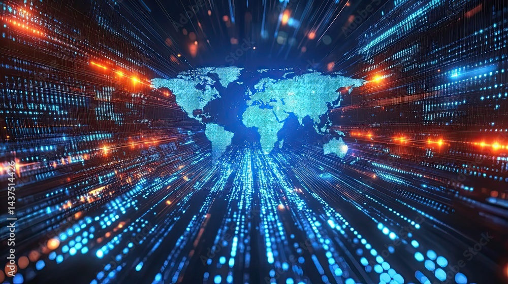 Poster digital world map animation in motion, ideal for a global technology concept.