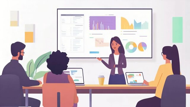Animated business presentation of financial data by woman to diverse team at meeting