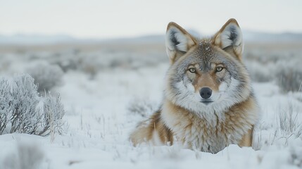 Obraz premium Coyote resting in snow covered field, mountains distant. Wildlife stock photo or nature blog image