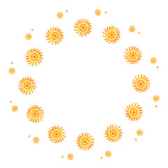 Round frame of watercolor suns on a white background. Summer sunny decor element.