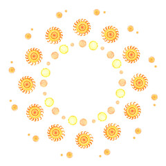 Round frame of watercolor suns on a white background. Summer sunny decor element.