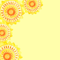 Square background with a frame of watercolor suns. Summer sunny design element.