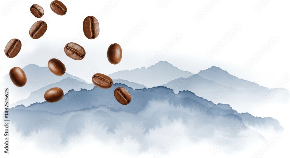Poster coffee beans falling with mountain background in a serene and artistic composition scene view image