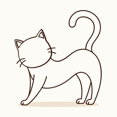 Simple Outlined Cat Stretching and Arching Its Back with Curly Tail Up