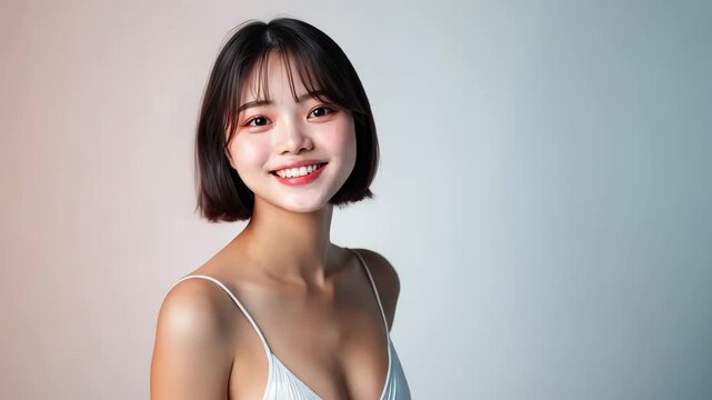 A young Asian woman with a short bob haircut smiles sweetly while tilting her head and body playfully. She wears a white bikini against a soft pastel background.