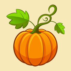Cartoon Illustration of a Bright Orange Pumpkin with Green Leaves and Vines