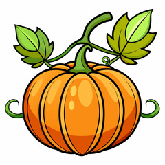 Cartoon pumpkin with leaves and vines, Halloween or autumn harvest illustration