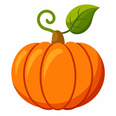 Cartoon Pumpkin with Green Leaf and Vine on a White Background