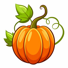 Cartoon Pumpkin Illustration with Green Leaves and Curly Vines on White