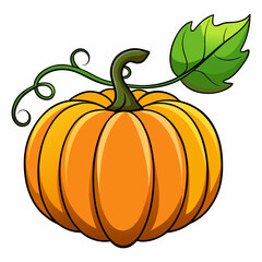 Cartoon illustration of a bright orange pumpkin with a green leaf