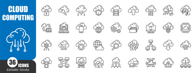 Cloud computing . Technology outline icon . Editable stroke . Vector .