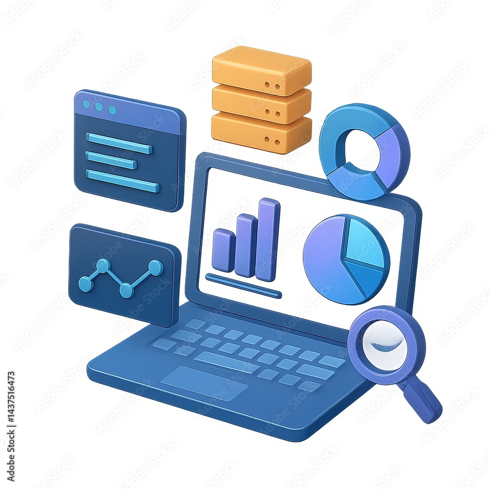 Poster 3d data visualization on laptop with graphs, charts, and modules