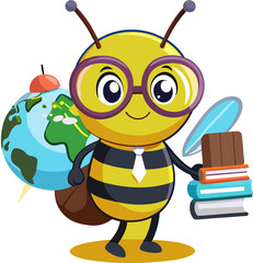 Cartoon bee wearing glasses and holding books and globe, back to school