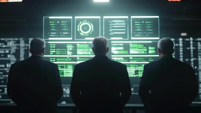 Command Center: Silhouette of three individuals standing before a complex array of monitors displaying data, symbolizing technology, analysis, and a focused operational environment. 
