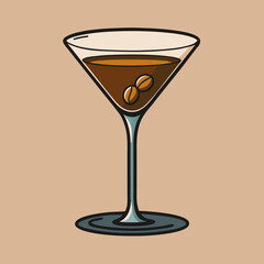 Stylized espresso martini illustration with coffee beans on a neutral background