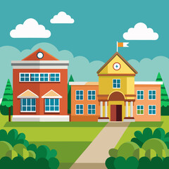 A picturesque elementary school building on a bright, cloudfilled day