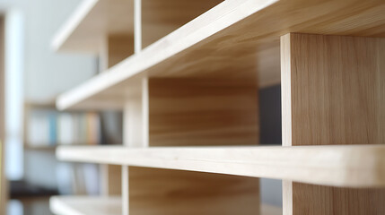 Fototapeta premium Modern Wooden Shelving Unit with Books in Background