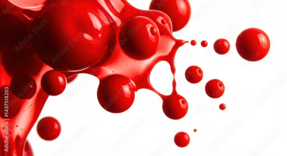 Poster a close up of red liquid forming glossy spheres against a stark white background creating an abstrac