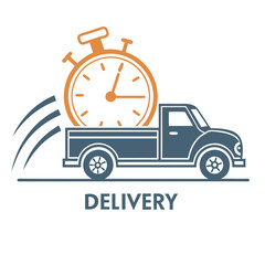 Pickup Truck with Stopwatch Icon. Speedy Transportation and Logistics Symbol. Isolated