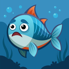 Sad cartoon fish in a blue sea with bubbles and plants