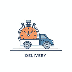 Stylized Truck Carrying Large Orange Stopwatch with Dark Blue Outlines on White