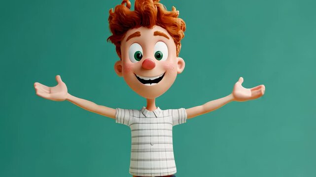 A stylized cheerful boy 3D cartoon character with curly ginger hair, wearing a striped white shirt and beige pants, standing with arms wide open against a plain green background.