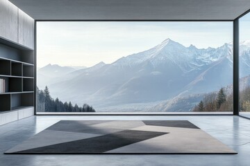 Modern minimalist room with floor-to-ceiling windows showcasing a stunning mountain vista.