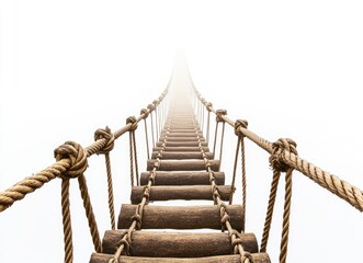 Mystical fog-covered rope bridge suspended in midair, surreal skywalk concept, ethereal floating pathway, adventure travel backdrop, misty white void background, dramatic high-altitude crossing
