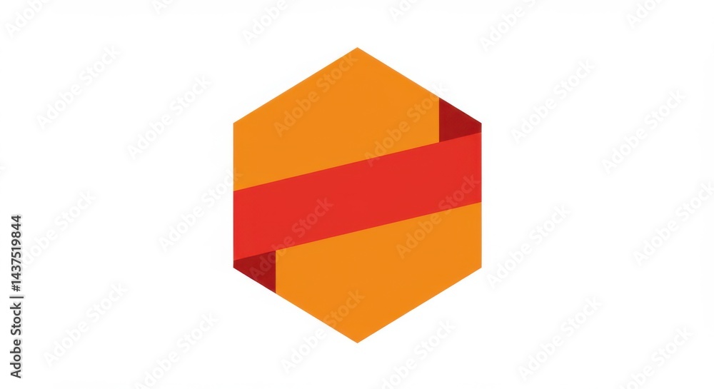 Poster a hexagon shape in orange and red with a banner across the middle on a white background
