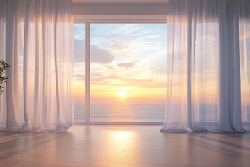 Sunrise casting golden light through sheer curtains in a serene coastal room by the ocean in an early morning glow
