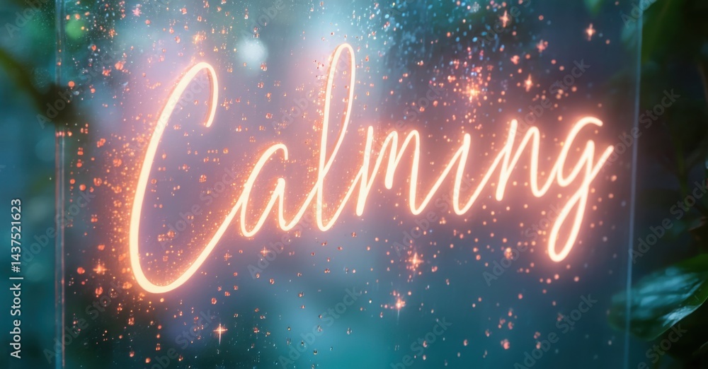 Fototapete bright neon script spells calming against blurred foliage. sparkling particles enhance visual sereni
