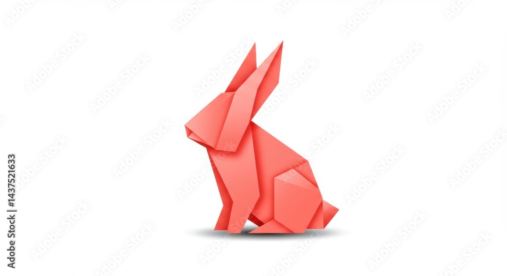 Poster a digitally created origami rabbit in a coral color on a white background with a slight shadow