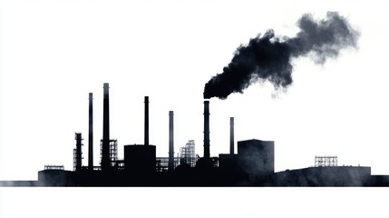Fototapeta premium Industrial silhouette emitting dark smoke against a white background